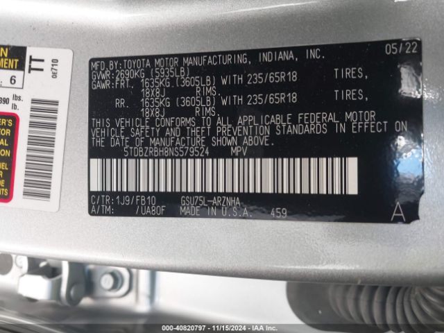 5TDBZRBH8NS579524 Toyota Highlander Le