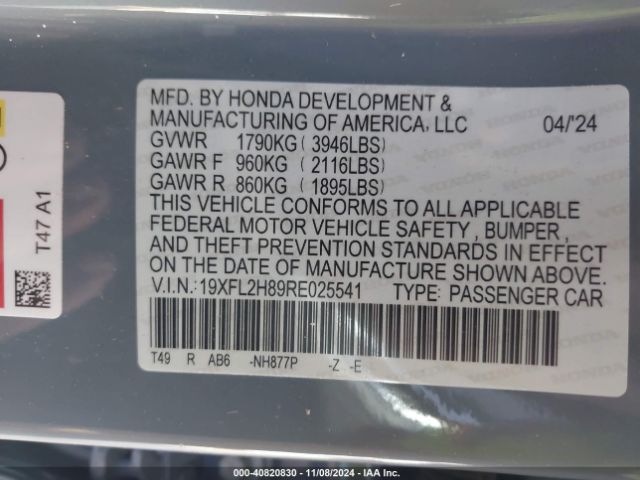 19XFL2H89RE025541 Honda Civic Sport