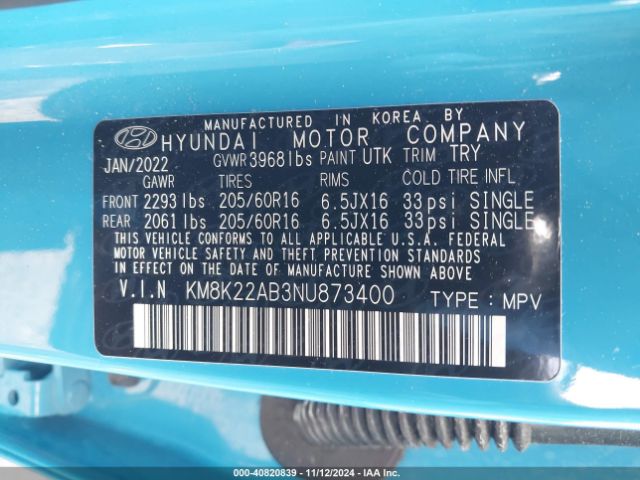 KM8K22AB3NU873400 Hyundai Kona Se