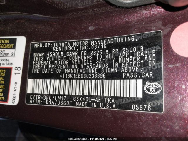 4T1BK1EB0GU236696 Toyota AVALON LIMITED