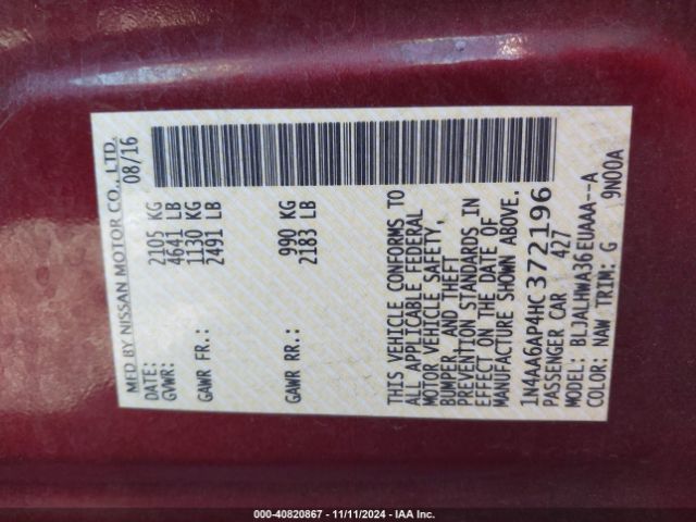1N4AA6AP4HC372196 Nissan Maxima 3.5 Platinum