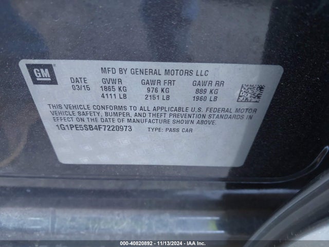 1G1PE5SB4F7220973 Chevrolet Cruze 2lt Auto