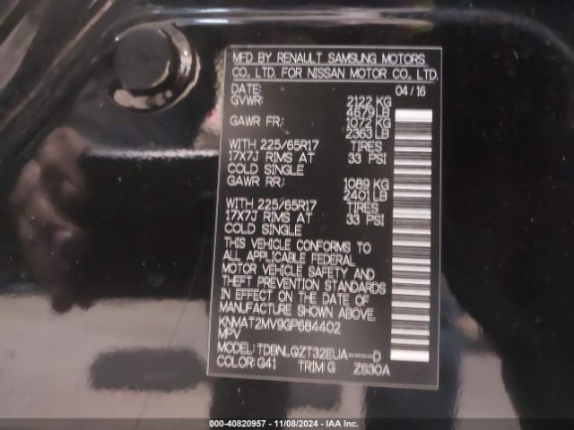 KNMAT2MV9GP684402 Nissan ROGUE SV