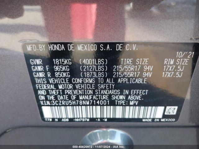 3CZRU5H78NM714001 Honda Hr-v 2wd Ex-l