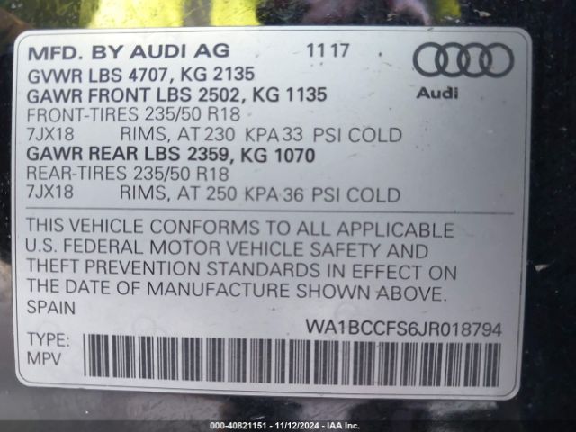 WA1BCCFS6JR018794 Audi Q3 2.0t Premium/2.0t Sport Premium