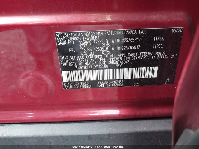 2T3P1RFV4LW115588 Toyota Rav4 Xle