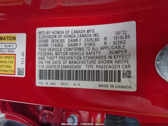 Honda Civic Lx 2022 2HGFE2F25NH583458 Image 9