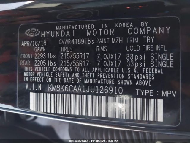 KM8K6CAA1JU126910 Hyundai Kona Sel