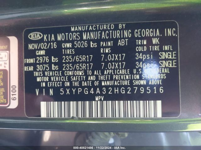 5XYPG4A32HG279516 KIA Sorento 2.4l Lx