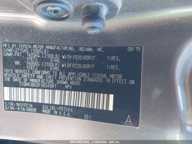 5TDKK3DC0FS654981 Toyota Sienna Le 8 Passenger