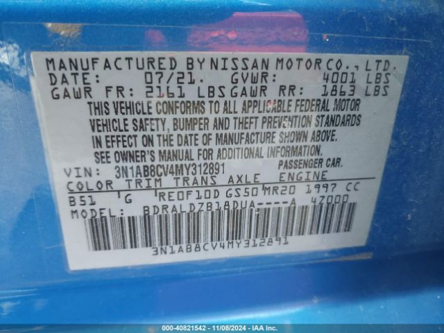 3N1AB8CV4MY312891 Nissan Sentra Sv Xtronic Cvt