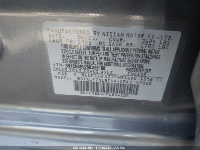 3N1CN8EV2ML886108 Nissan Versa Sv Xtronic Cvt