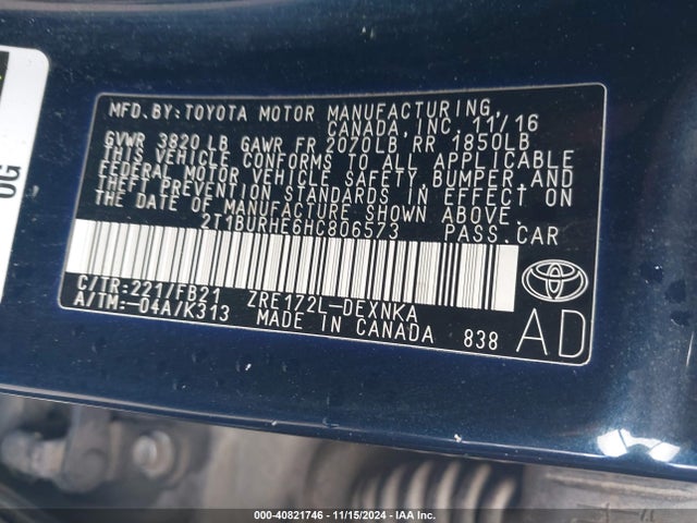 Toyota COROLLA LE 2017 2T1BURHE6HC806573 Image 9