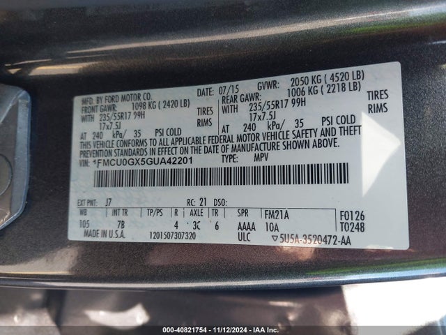 Ford ESCAPE SE 2016 1FMCU0GX5GUA42201 Image 9