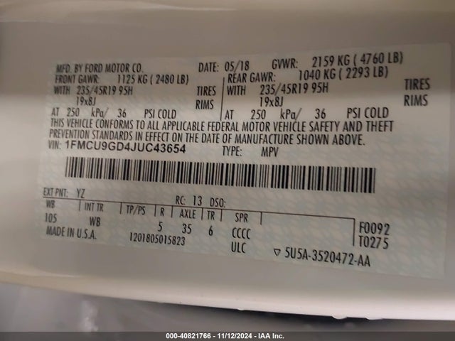 Ford ESCAPE SE 2018 1FMCU9GD4JUC43654 Image 9