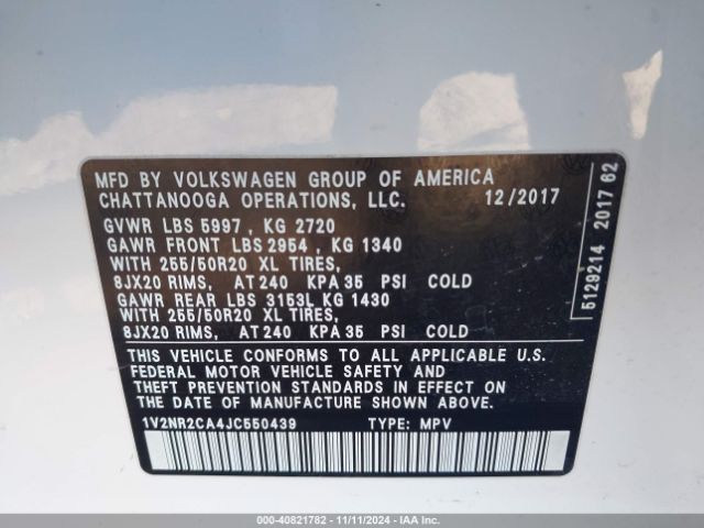 1V2NR2CA4JC550439 Volkswagen Atlas 3.6l V6 Sel Premium