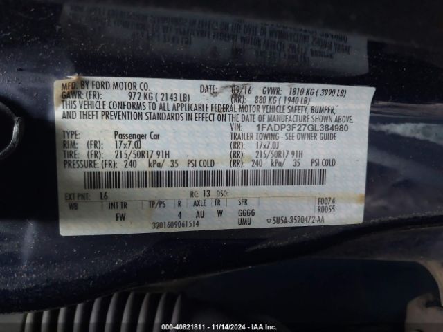 1FADP3F27GL384980 Ford FOCUS SE