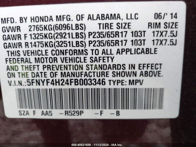 5FNYF4H24FB003346 Honda PILOT LX