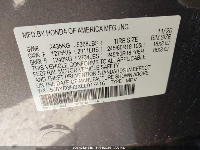 Acura j35y5 2020 5J8YD3H3XLL017416 Image 9