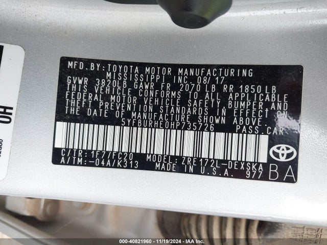 5YFBURHE0HP735726 Toyota COROLLA SE