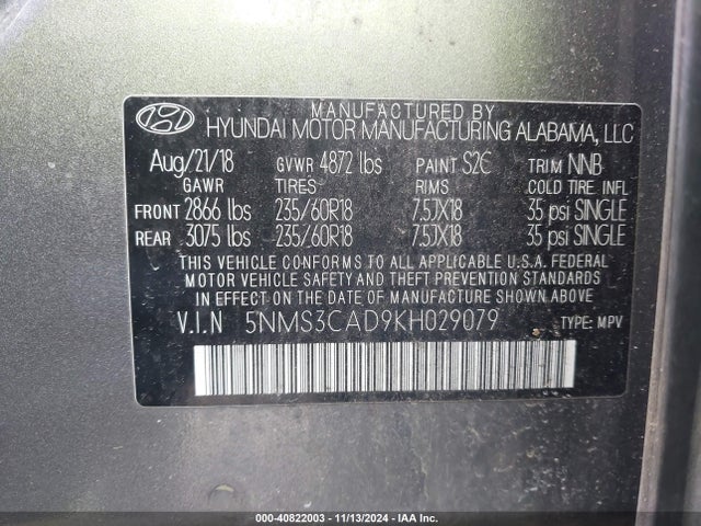 5NMS3CAD9KH029079 Hyundai Santa Fe Sel Plus