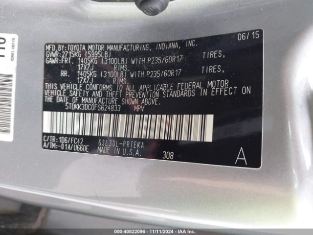 5TDKK3DC0FS624833 Toyota Sienna Le 8 Passenger