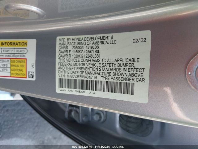 1HGCV3F59NA015196 Honda Accord Hybrid Ex-l