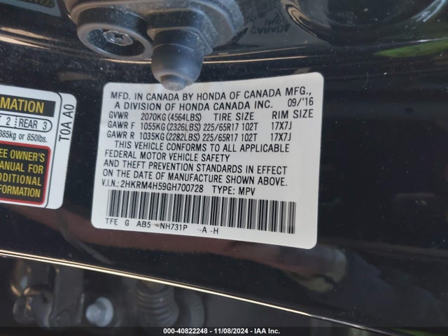 Honda CR-V EX 2016 2HKRM4H59GH700728 Image 9