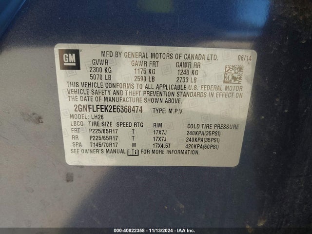 Chevrolet EQUINOX 1LT 2014 2GNFLFEK2E6368474 Image 9