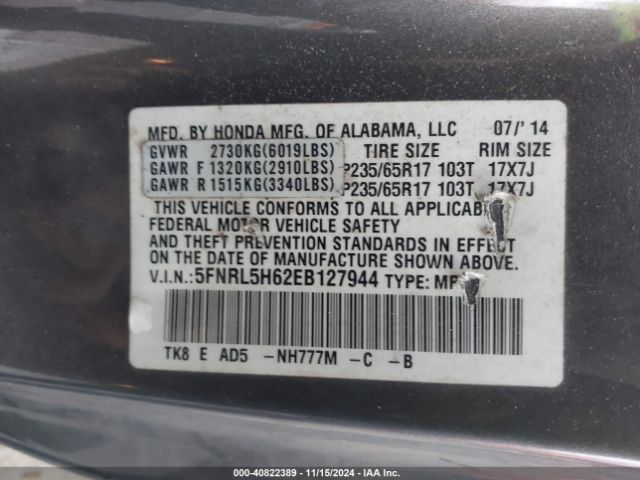 5FNRL5H62EB127944 Honda Odyssey Ex-l