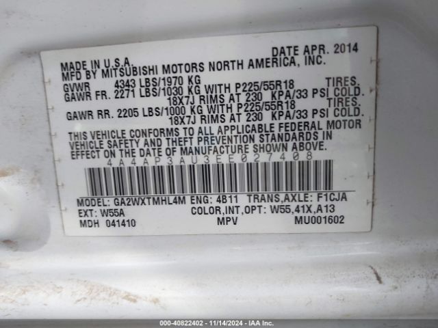 4A4AP3AU3EE027408 Mitsubishi Outlander Sport Es