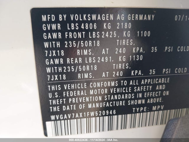 WVGAV7AX1FW520946 Volkswagen Tiguan Sel