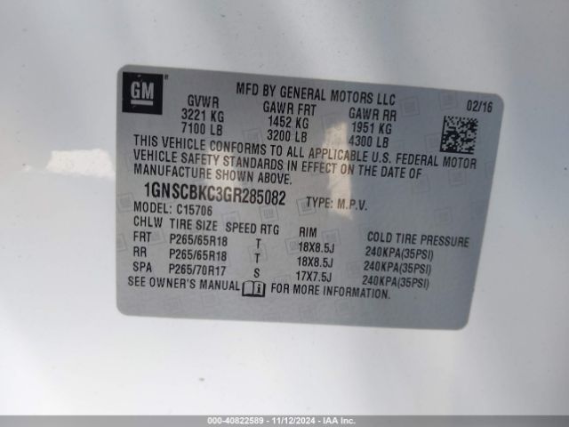 1GNSCBKC3GR285082 Chevrolet Tahoe Lt