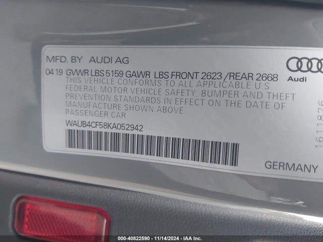 WAUB4CF58KA052942 Audi S5 3.0t Premium
