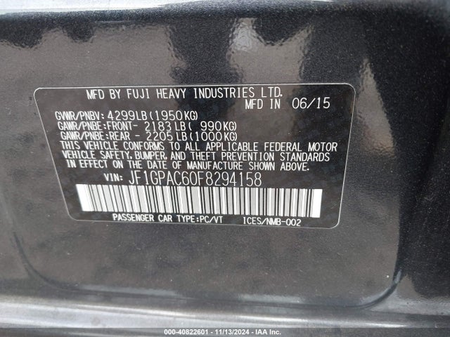 2015 Subaru Impreza 2.0i Premium მანქანა იყიდება აუქციონზე, vin: JF1GPAC60F8294158, აუქციონის ნომერი: 40822601