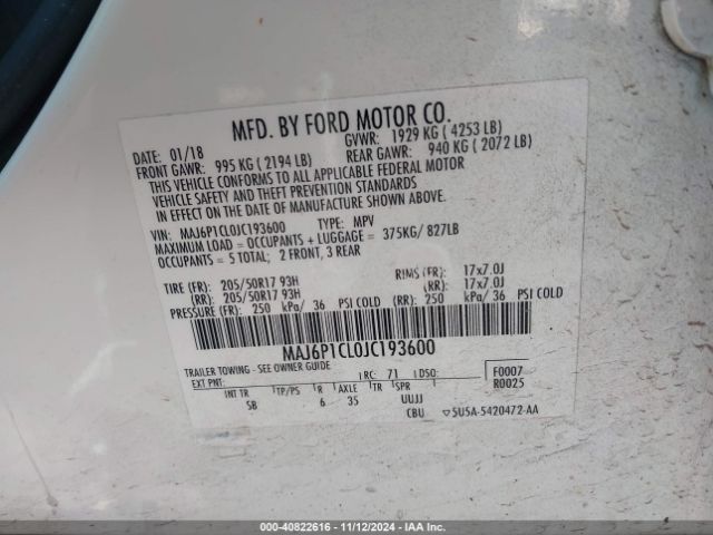 MAJ6P1CL0JC193600 Ford Ecosport Ses