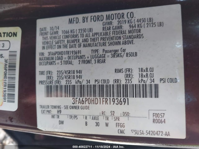 Ford FUSION SE 2015 3FA6P0HD1FR193691 Image 9