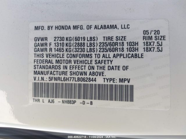 5FNRL6H77LB062844 Honda Odyssey Ex-l/ex-l W/navi   Res