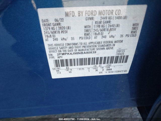 Ford EDGE SEL 2022 2FMPK4J98NBA80839 Image 9