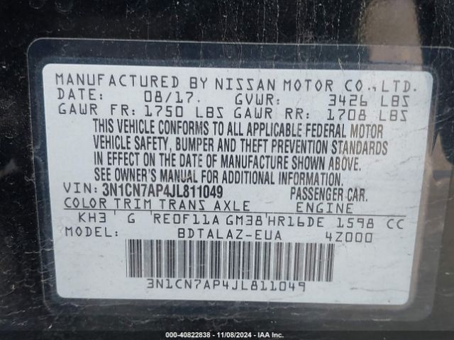 3N1CN7AP4JL811049 Nissan Versa 1.6 S+