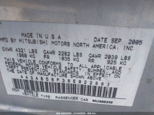 2006 MITSUBISHI GALANT 4A3AB56F36E022882 Photo 8