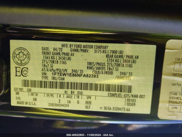 1FTEW1E86NFA82393 Ford F-150 Tremor