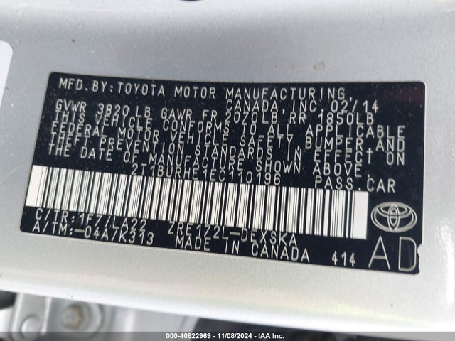 Toyota 2zr-fe 2014 2T1BURHE1EC110196 Image 9