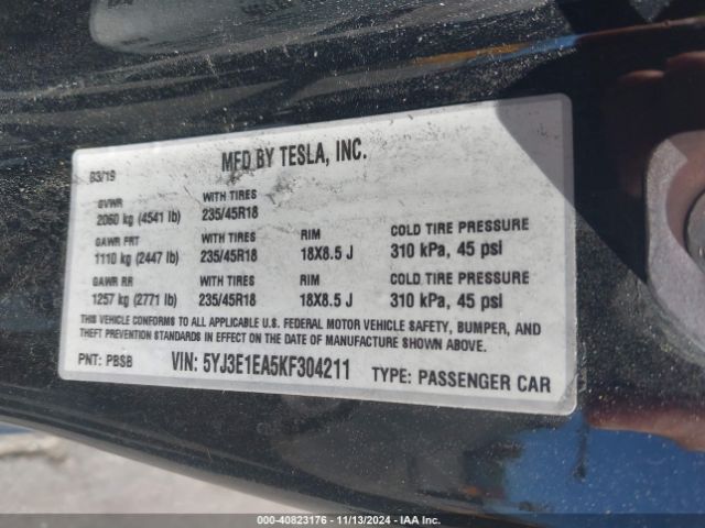 5YJ3E1EA5KF304211 Tesla Model 3 Long Range/mid Range/standard Range/standard Range Plus
