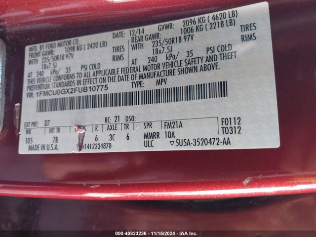 Ford ESCAPE SE 2015 1FMCU0GX2FUB10775 Image 9