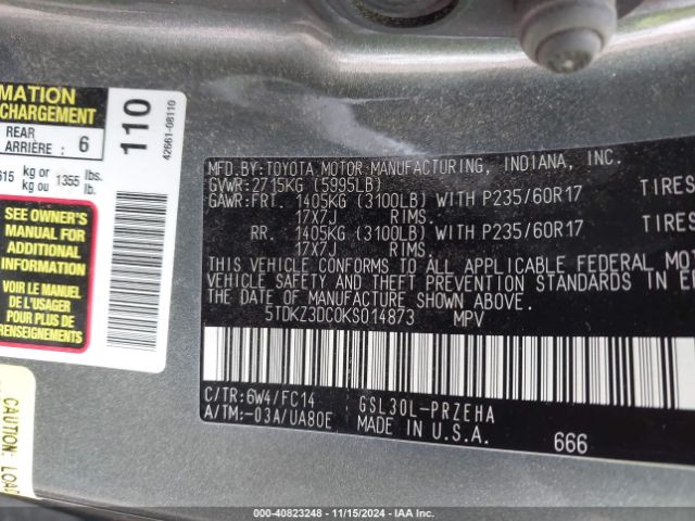 2019 TOYOTA SIENNA 5TDKZ3DC0KS014873 Photo 8