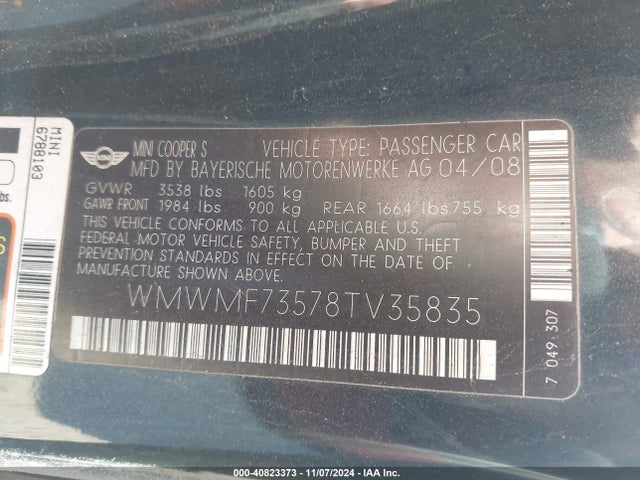 2008 MINI COOPER S WMWMF73578TV35835 Photo 8