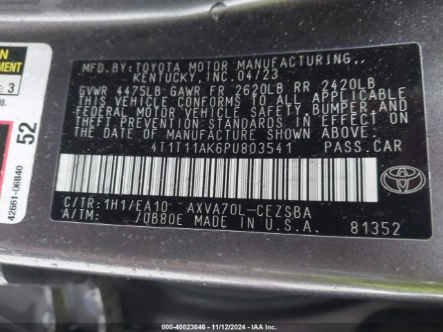 4T1T11AK6PU803541 Toyota CAMRY SE