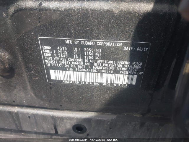 Subaru Legacy 2.5i Premium 2019 4S3BNAF69K3006540 Image 9