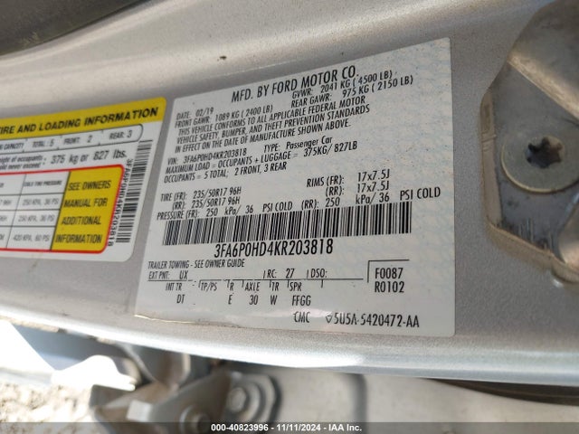 Ford FUSION SE 2019 3FA6P0HD4KR203818 Image 9